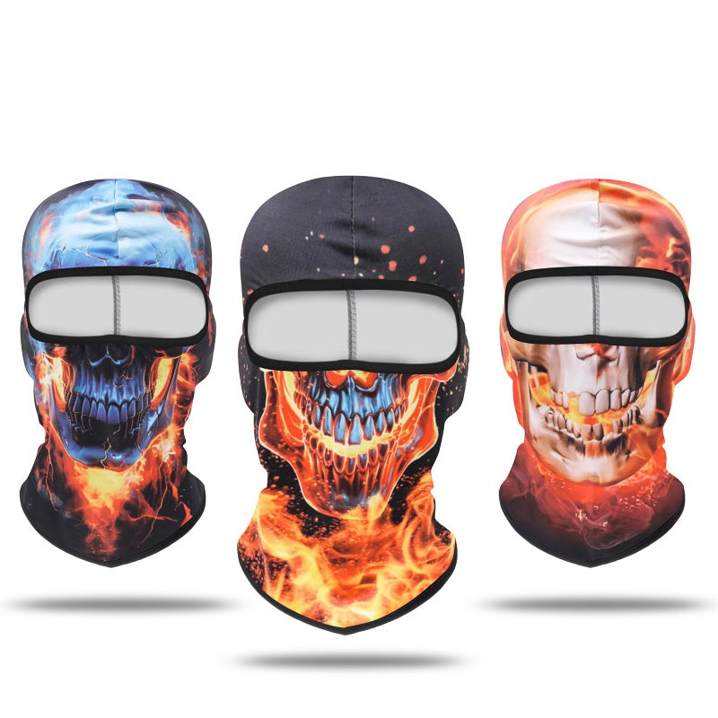 Cutewing Head Mask Full Face,3PCS Ski Mask Balaclava Motorcycle Balaclavas,3D Skull Flame Print Full Face Cover Neck Gaiter Outdoor Hood Headwear Sun Protection Windproof - Image 1