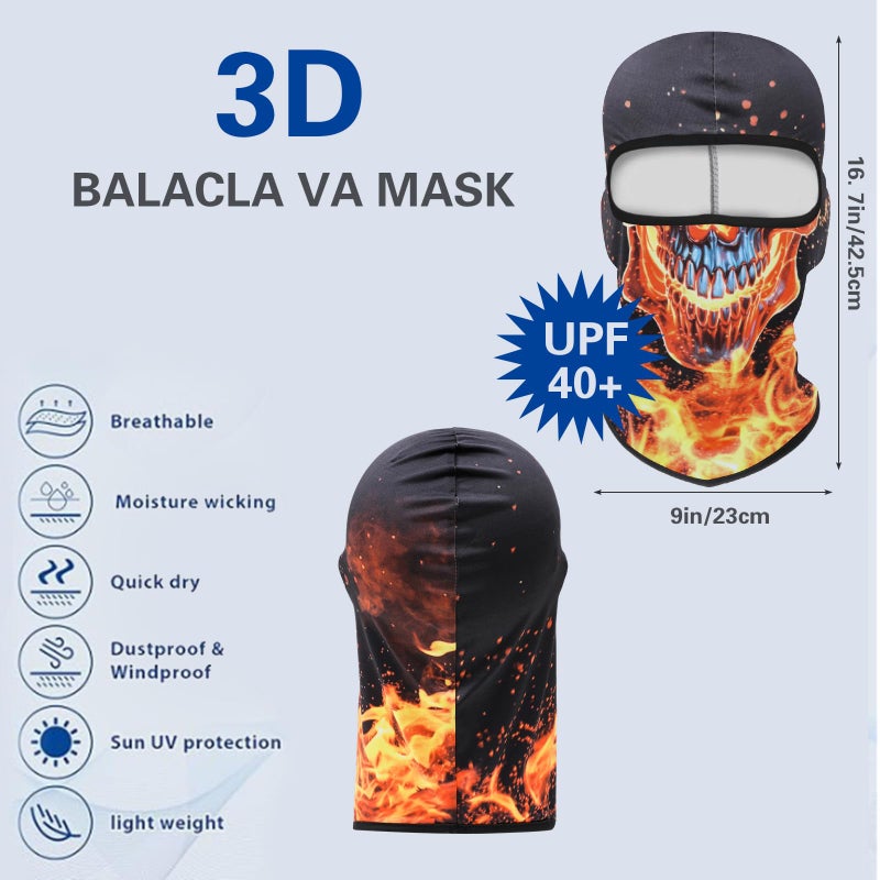 Cutewing Head Mask Full Face,3PCS Ski Mask Balaclava Motorcycle Balaclavas,3D Skull Flame Print Full Face Cover Neck Gaiter Outdoor Hood Headwear Sun Protection Windproof - Image 3