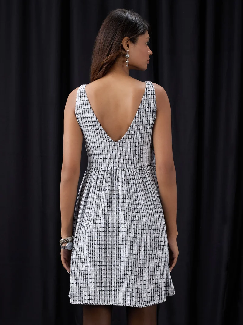 globus Women Grey Boat Neck Sleeveless Self Design Stylised Back Fit & Flare Mini Party Dress