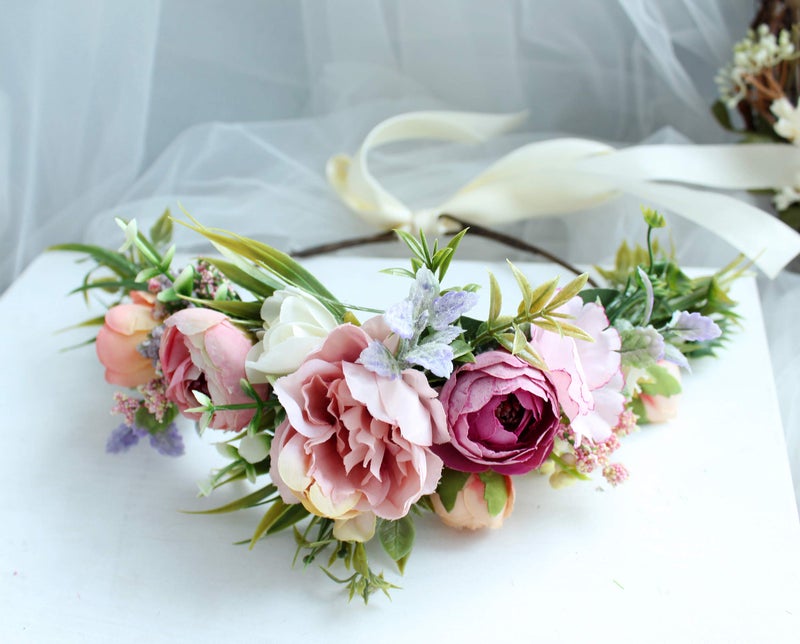 LLinfflr Women Floral Crown Boho Flower Headband Hair Wreath Floral Halo Headpiece with Ribbon Wedding Party Festival Photos - Image 3