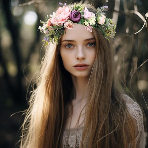 LLinfflr Women Floral Crown Boho Flower Headband Hair Wreath Floral Halo Headpiece with Ribbon Wedding Party Festival Photos - Image 4
