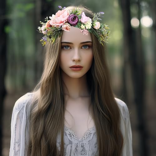 LLinfflr Women Floral Crown Boho Flower Headband Hair Wreath Floral Halo Headpiece with Ribbon Wedding Party Festival Photos - Image 2