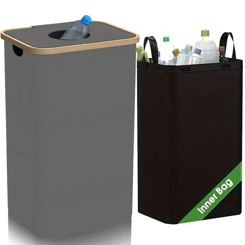 Household Empty Bottle Recycling Basket With Lid Foldable Storage Bottle Collection Basket Bamboo Fabric Kitchen Recycling Box - Image 1