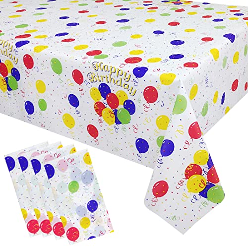 Mulbozy 4 Pcs Birthday Tablecloth Disposable Plastic, Colorful Balloons Confetti Happy Birthday Table Covers for Parties Decoration Supplies, 108 x 54 inch - Image 1