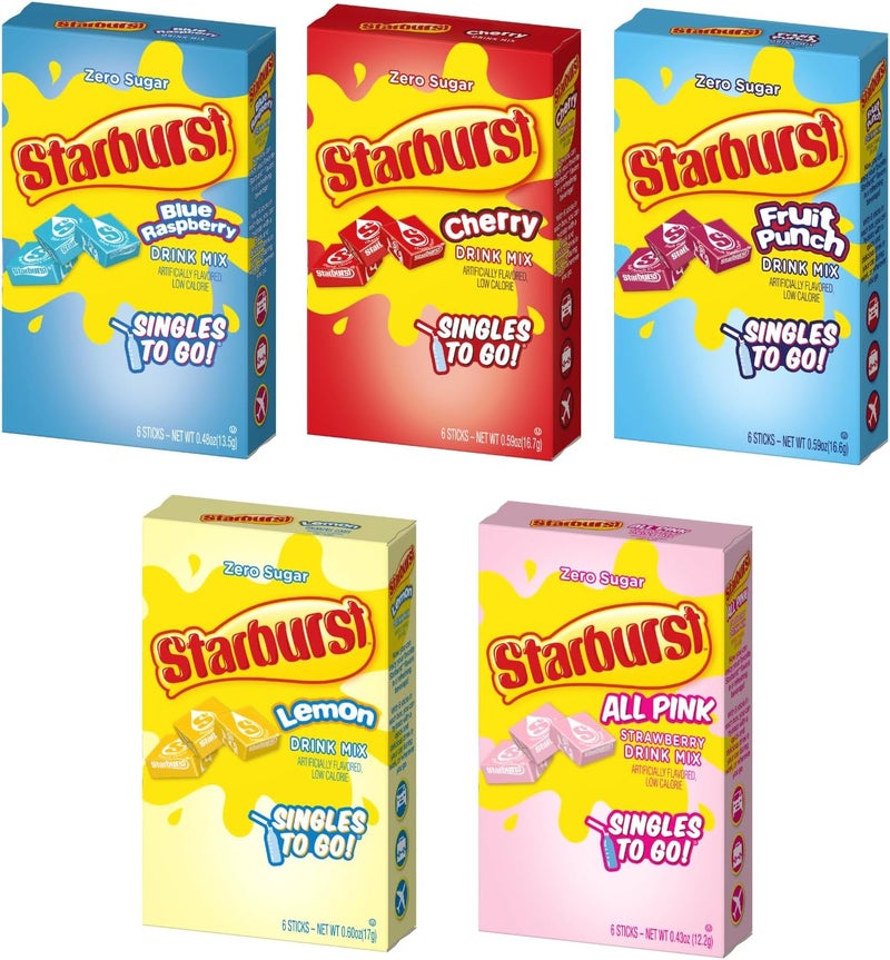 Starburst Singles To Go! Variety Pack - Zero Sugar Drink Mix, 5 Flavors (Blue Raspberry, Cherry, Fruit Punch, Lemon, All Pink) - Image 1