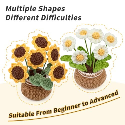 Iuuidu Crochet Kits for Beginners, 2PCS Sunflower Crochet Starter Kit, Potted Plants with Step-by-Step Video Tutorials for Beginners Adults, Birthday Gifts for Women (Daisy Sunflower) - Image 4