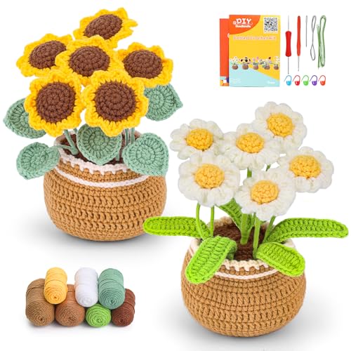 Iuuidu Crochet Kits for Beginners, 2PCS Sunflower Crochet Starter Kit, Potted Plants with Step-by-Step Video Tutorials for Beginners Adults, Birthday Gifts for Women (Daisy Sunflower) - Image 1