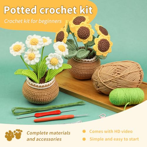 Iuuidu Crochet Kits for Beginners, 2PCS Sunflower Crochet Starter Kit, Potted Plants with Step-by-Step Video Tutorials for Beginners Adults, Birthday Gifts for Women (Daisy Sunflower) - Image 3