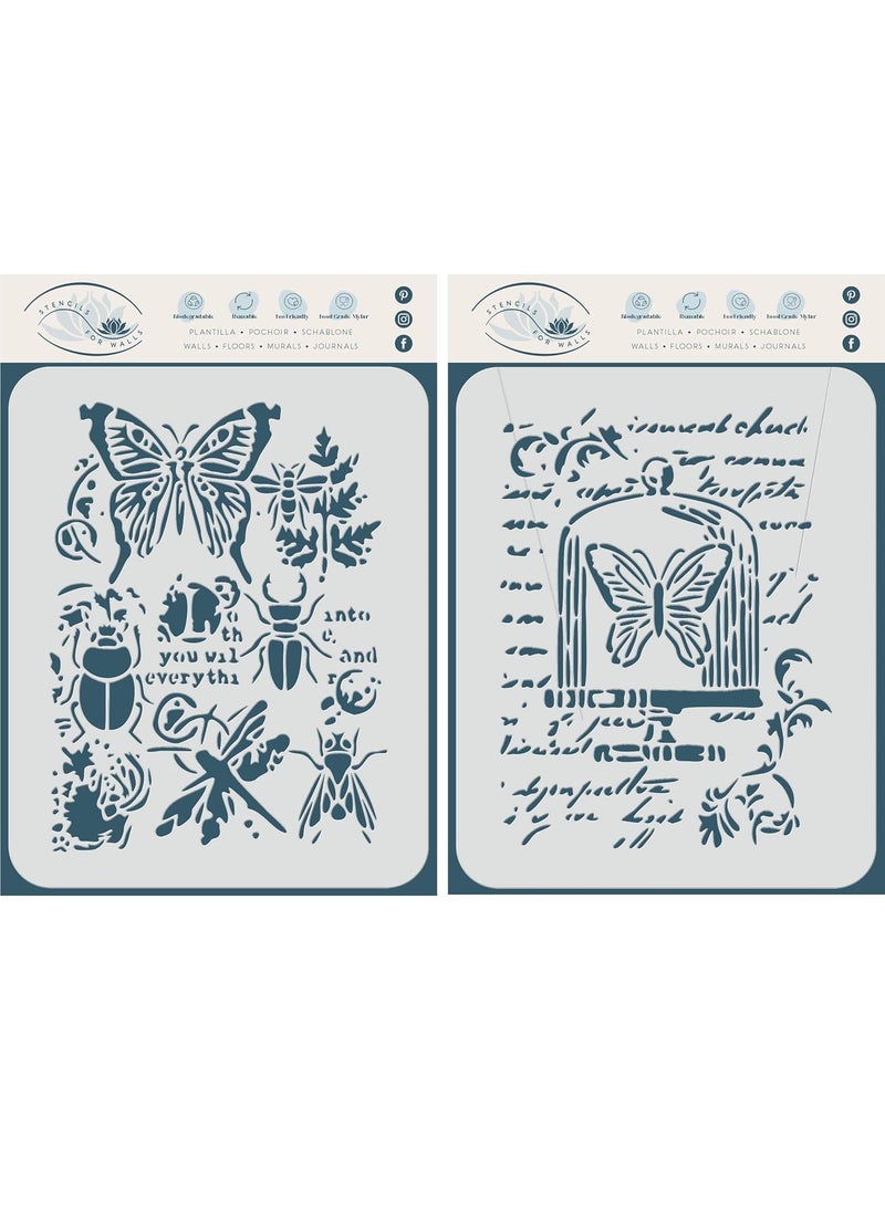 Usnyabni Stencils for Walls: 2X Insects Stencil, 2pc / 4.5 x 6 inch (S) - Use Layering Butterfly Bugs Leaves Script to add Texture and Design to Mixed Media Backgrounds Stencils for Painting Template  - Image 2
