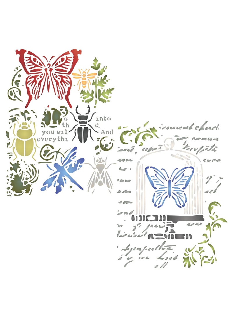 Usnyabni Stencils for Walls: 2X Insects Stencil, 2pc / 4.5 x 6 inch (S) - Use Layering Butterfly Bugs Leaves Script to add Texture and Design to Mixed Media Backgrounds Stencils for Painting Template  - Image 1