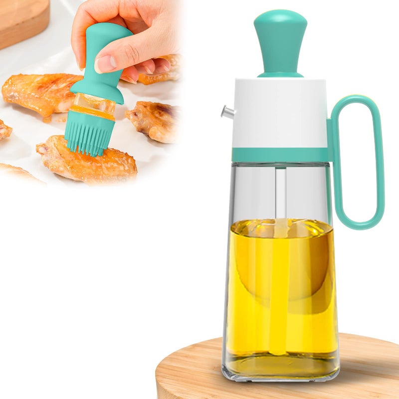 Glass Oil Bottle with Silicone Brush 2 in 1, Measuring Olive Oil and Vinegar Dispenser Bottle for Kitchen Restaurant Cooking, BBQ, Baking, 550ml (Green)