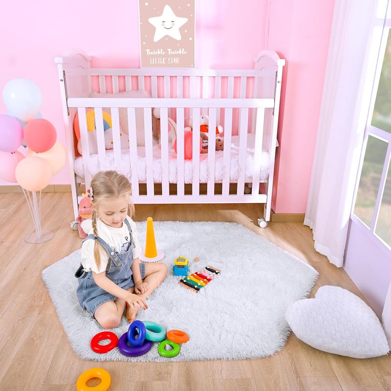junovo Ultra Soft Rug for Nursery Children Room Baby Room Home Decor Dormitory Hexagon Carpet for Playhouse Princess Tent Kids Play Castle, Diameter 4.6 ft, White - Image 5