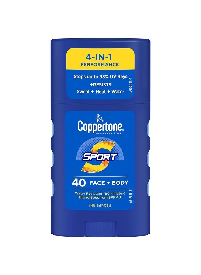 Coppertone عصا واقي الشمس SPORT SPF 40، واقي شمس مقاوم للماء، حجم السفر لواقي الشمس للوجه والجسم، 1.5 أونصة - Image 1