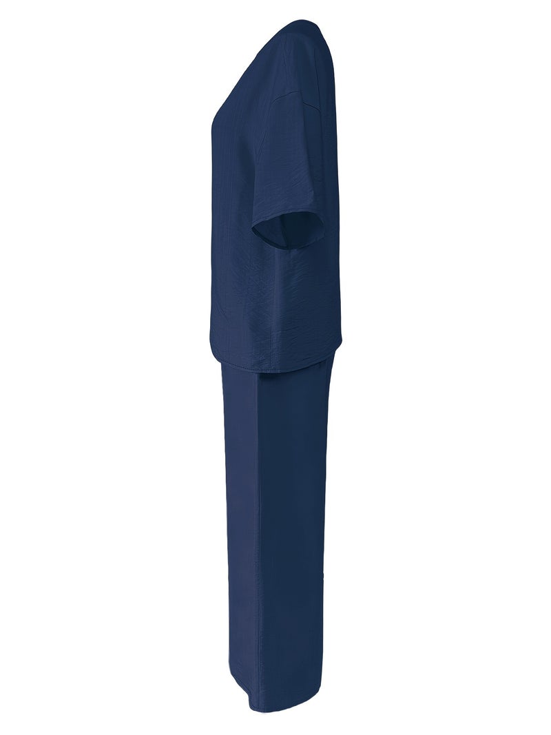 Women's Casual 2pcs Set: Solid Color Loose Short Sleeve Crew Neck Shirt Top + Wide-Leg Long Pants - Image 2