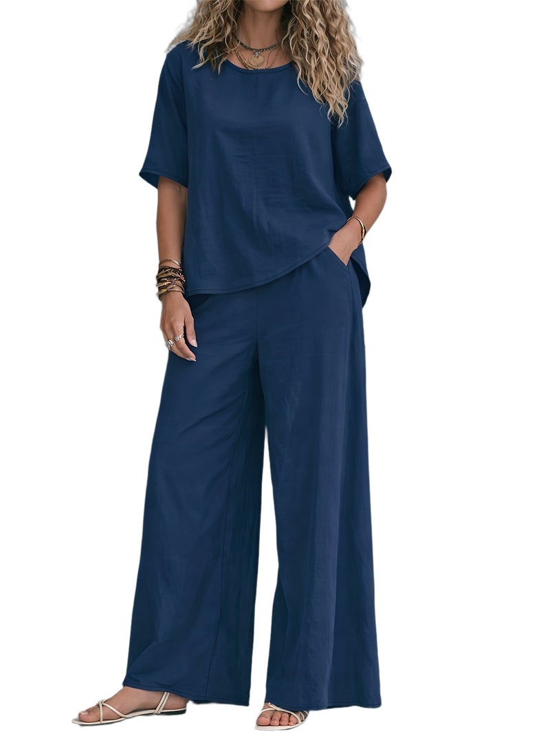 Women's Casual 2pcs Set: Solid Color Loose Short Sleeve Crew Neck Shirt Top + Wide-Leg Long Pants - Image 1