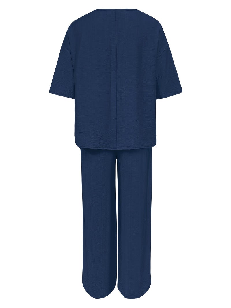 Women's Casual 2pcs Set: Solid Color Loose Short Sleeve Crew Neck Shirt Top + Wide-Leg Long Pants - Image 3