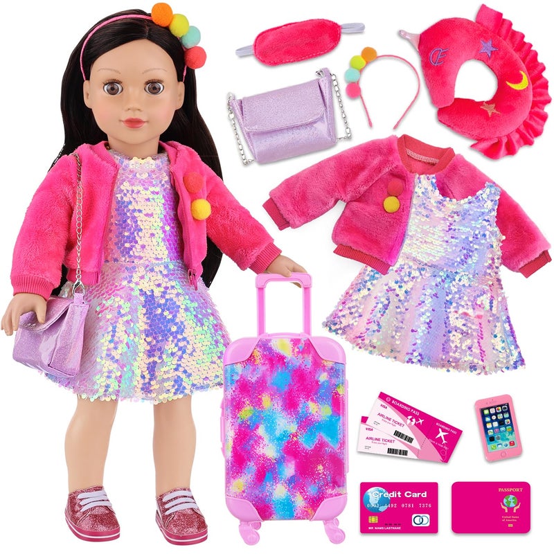 K. T. Fancy K.T. Fancy 18 Inch American Doll Clothes and Accessories  Doll Travel Suitcase Playset for Girls  Cute Travel Doll Clothes for 18 Inch Girl Doll(Not Include Doll & Shoes) (Sequin Fireworks) - Image 1