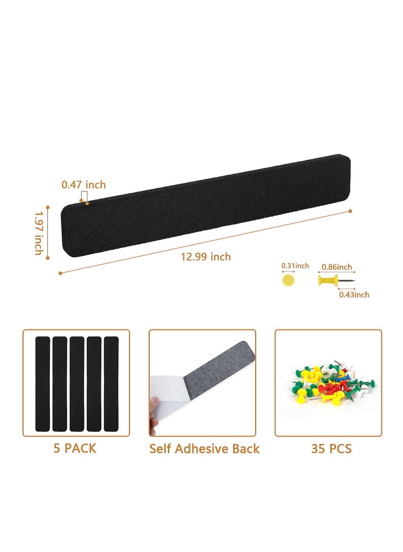 SYOSI - 5 Pack Felt Pin Board Bar Strips Bulletin Board for Bedrooms Offices Home Wall Decoration, Notice Board Self Adhesive Cork Board with 50 Push Pins for Paste Notes, Photos, Schedules (Black) - Image 1