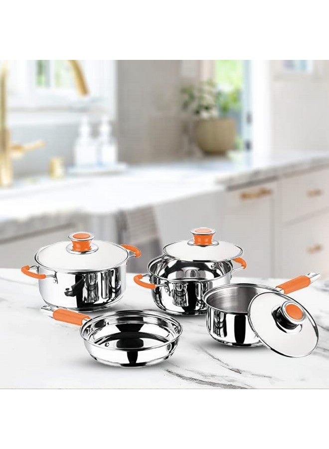 Kuber Industries Set of 4 Stainless Steel Cookware Set I Induction Base Cookware I Saucepan (1.4 L), Kadai (2.0 L), Casserole (2.5 L), Frypan (1 L) and 3 Lids I Heavy Gauge Steel - Image 1