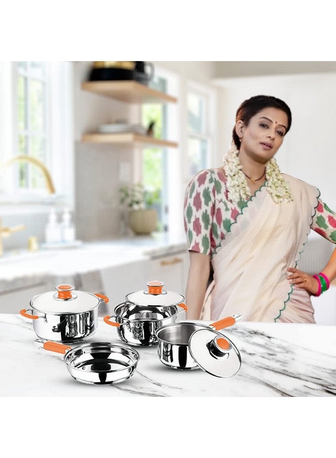 Kuber Industries Set of 4 Stainless Steel Cookware Set I Induction Base Cookware I Saucepan (1.4 L), Kadai (2.0 L), Casserole (2.5 L), Frypan (1 L) and 3 Lids I Heavy Gauge Steel - Image 5