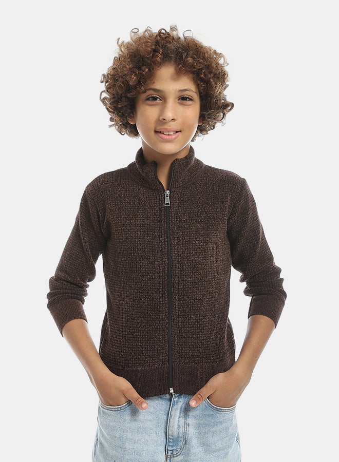 Andora Self Patterened Full Zipper Closure Velvet Sweater - Brown - Image 1