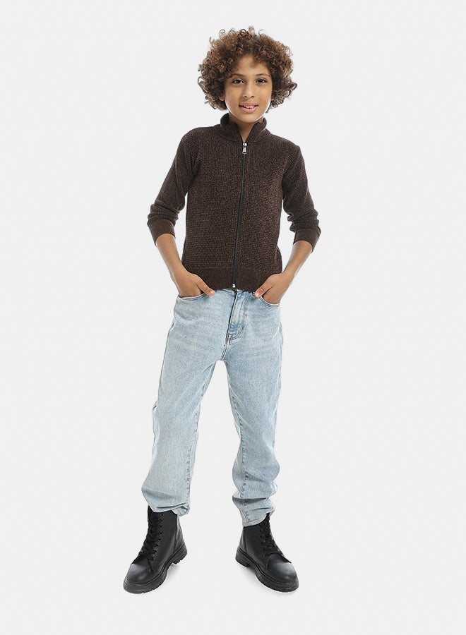 Andora Self Patterened Full Zipper Closure Velvet Sweater - Brown - Image 5