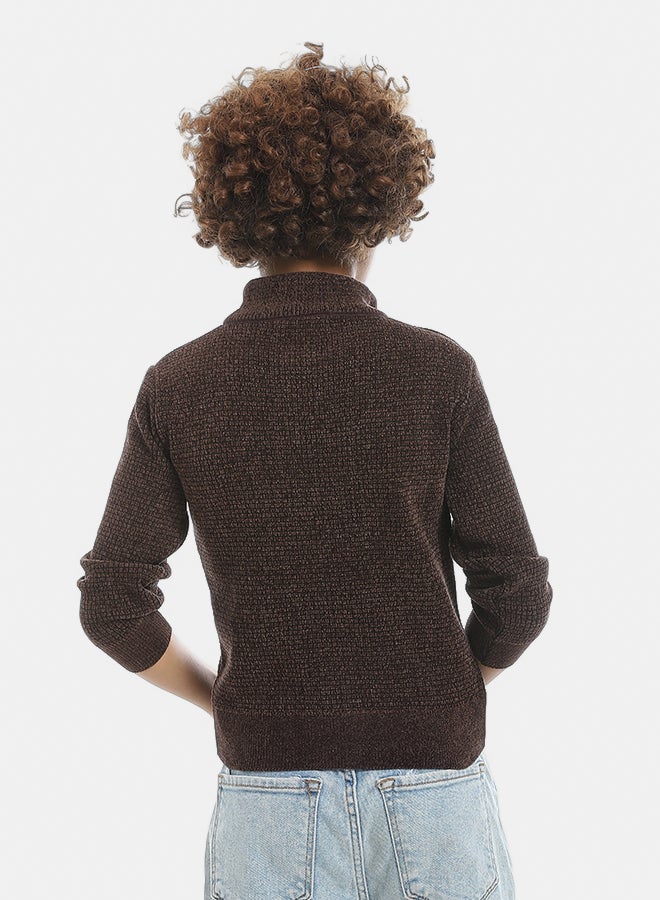 Andora Self Patterened Full Zipper Closure Velvet Sweater - Brown - Image 4