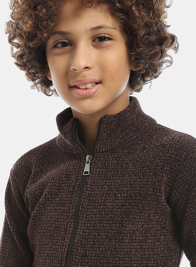 Andora Self Patterened Full Zipper Closure Velvet Sweater - Brown - Image 3