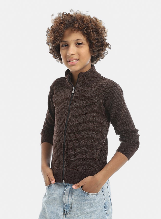 Andora Self Patterened Full Zipper Closure Velvet Sweater - Brown - Image 2