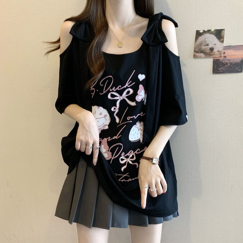 Plus Size Bow Off-Shoulder Black Short Sleeve T-Shirt for Women - Image 3