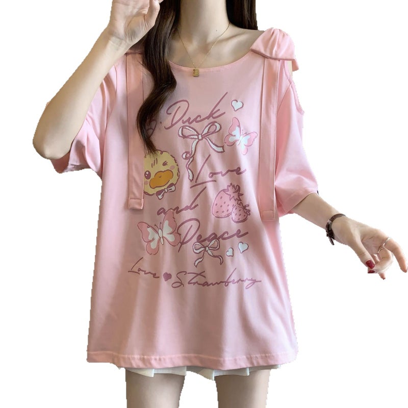 Plus Size Bow Off-Shoulder Black Short Sleeve T-Shirt for Women - Image 5