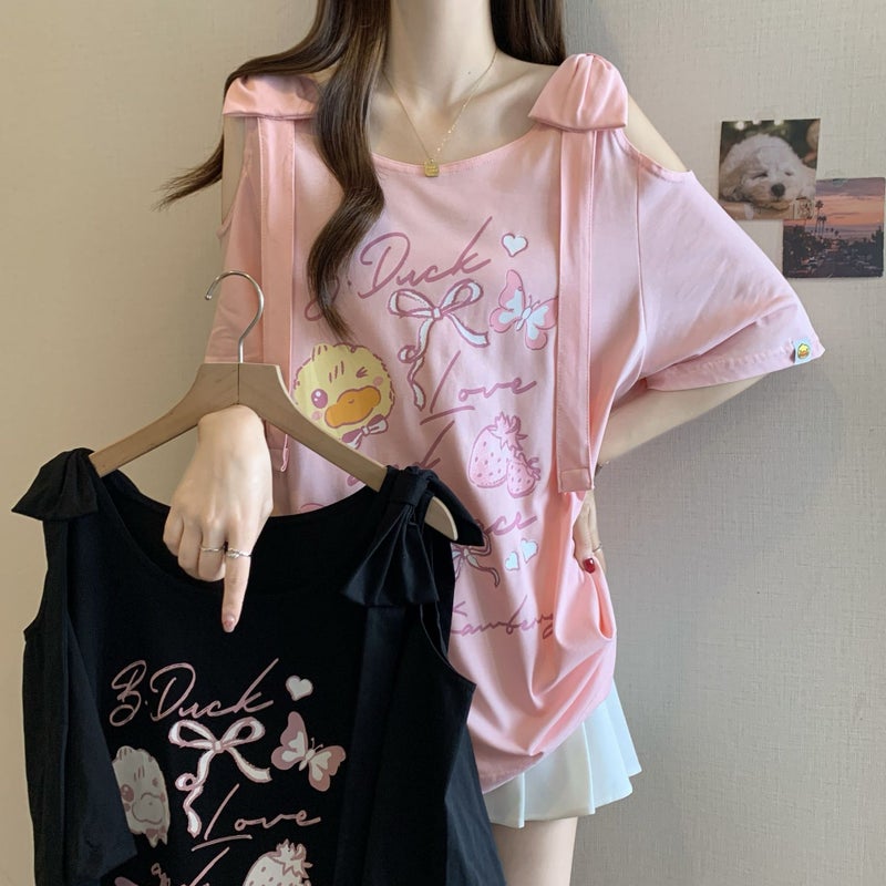 Plus Size Bow Off-Shoulder Black Short Sleeve T-Shirt for Women - Image 2