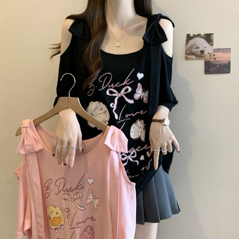 Plus Size Bow Off-Shoulder Black Short Sleeve T-Shirt for Women - Image 1