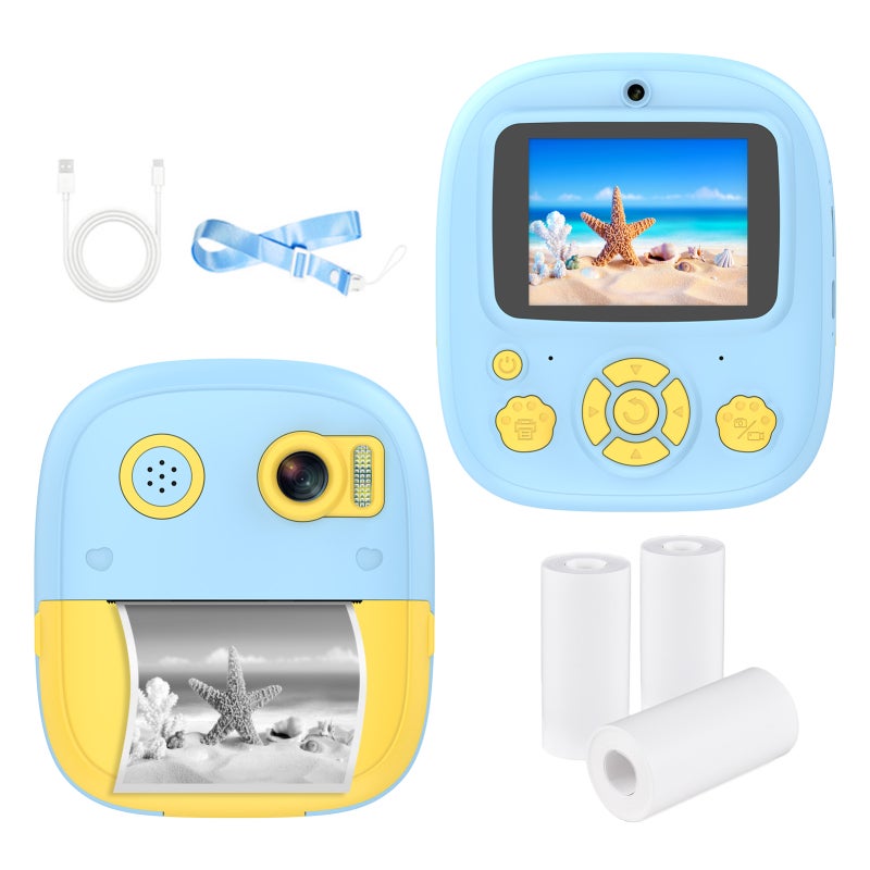 Kids Instant Print Camera: Blue 2.4-Inch IPS Screen, 1080P/720P Video, Kid-Friendly Buttons - Long 800mAh Battery, 3 Print Rolls, Cartoon Frames for Kids Aged 3-12, Birthday Gifts