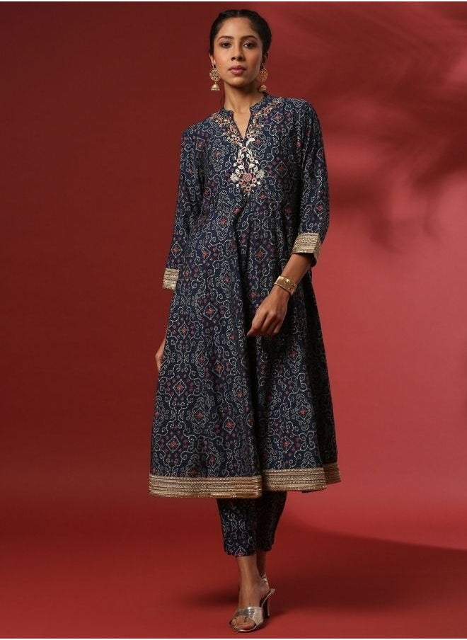 Abhishti Flared bandhni printed kurta set with neck embroidery-navy  - Image 1