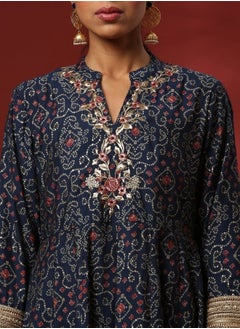 Flared bandhni printed kurta set with neck embroidery-navy - pzsku/Z7234F131B2F4E708F6FFZ/45/_/1740130906/6c43db7f-1d60-4ee9-a49b-91193fd945e1