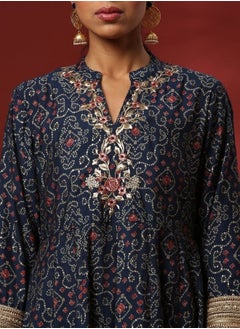 Abhishti Flared bandhni printed kurta set with neck embroidery-navy  - Image 2