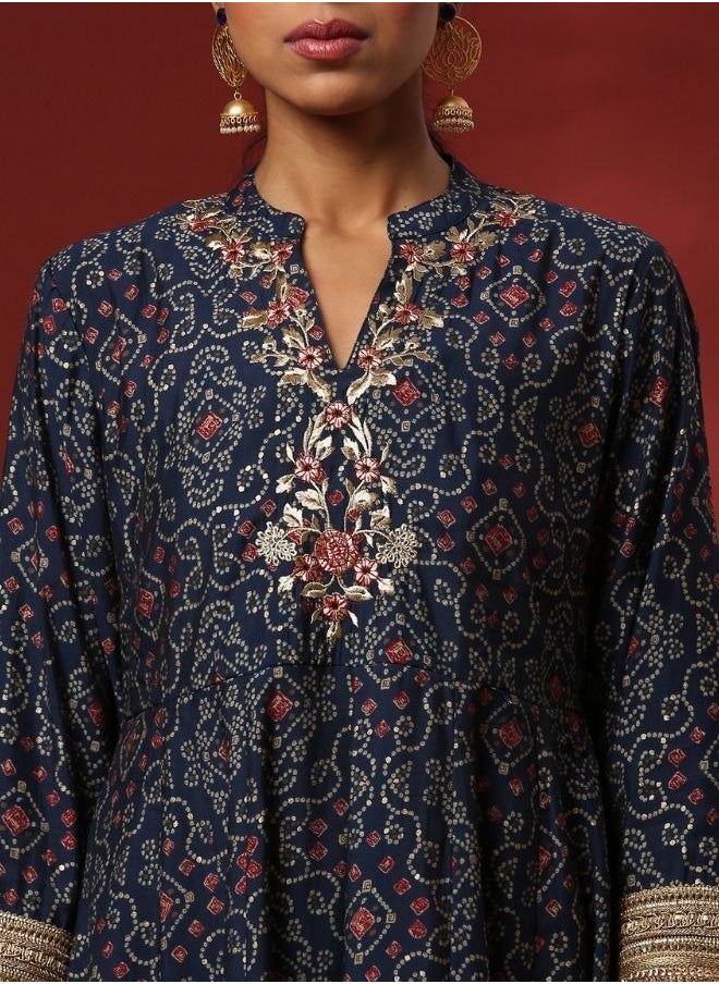 Abhishti Flared bandhni printed kurta set with neck embroidery-navy  - Image 2