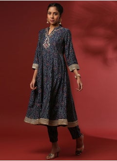 Abhishti Flared bandhni printed kurta set with neck embroidery-navy  - Image 3