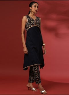 Abhishti Flared bandhni printed kurta set with neck embroidery-navy  - Image 4