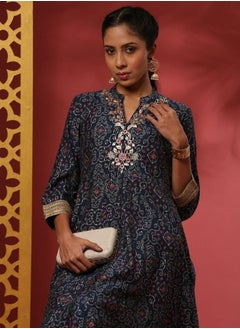 Abhishti Flared bandhni printed kurta set with neck embroidery-navy  - Image 5