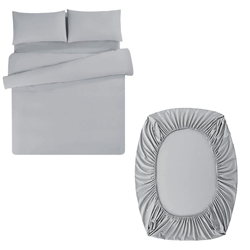 Aisbo Double Duvet Set with Sheet  Light Grey 4 Pieces Microfiber Bedding Set for Double Bed Includes Duvet Cover Fitted Sheet and Pillowcases