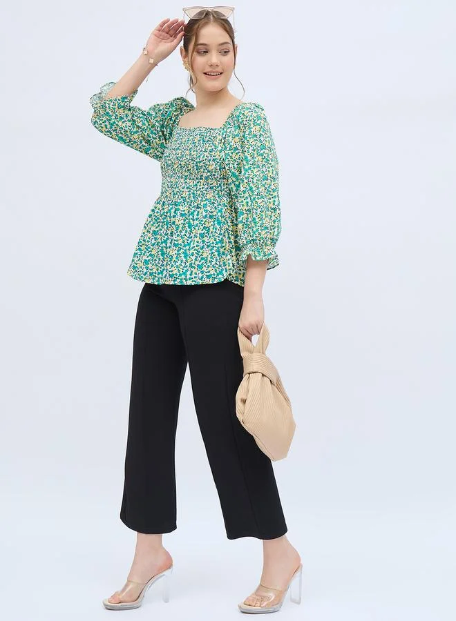 Kuwarii All Over Print Smocked Top