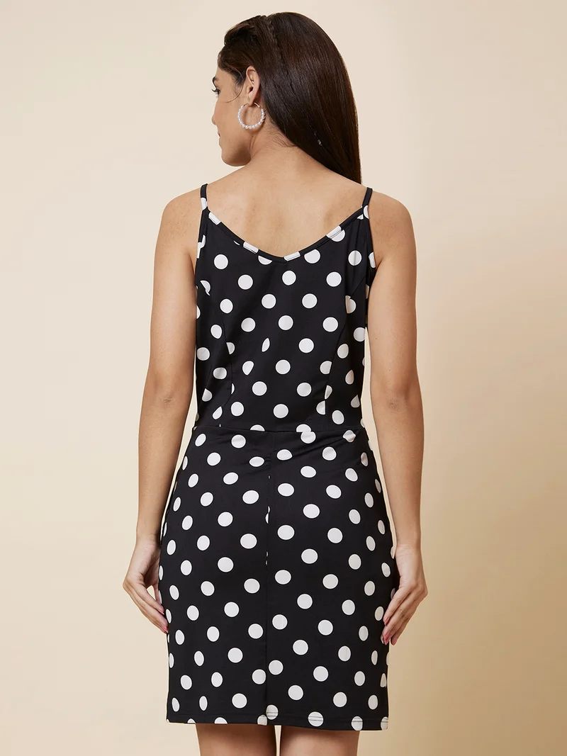 globus Women Black & White Polka Dot Printed Shoulder Strap Sheath Dress