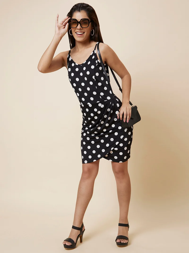 globus Women Black & White Polka Dot Printed Shoulder Strap Sheath Dress