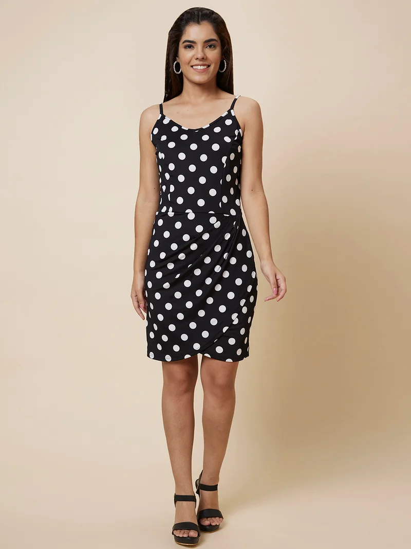globus Women Black & White Polka Dot Printed Shoulder Strap Sheath Dress