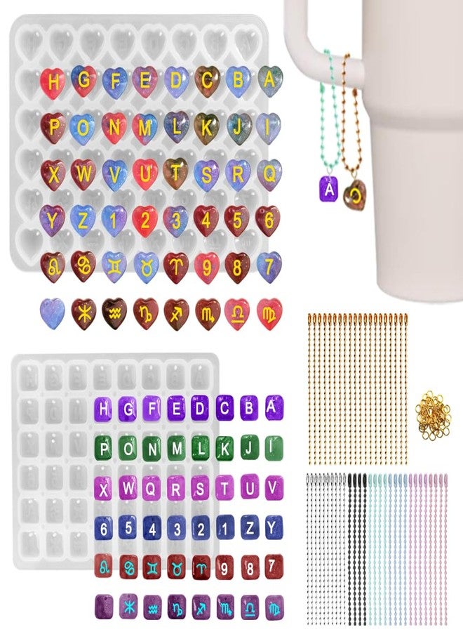 AFUNTA 96 Pcs Resin Letter Molds with Hole, AFUNTA Alphabet Number Resin Molds Silicone Heart Shape Square Pendant Silicone Molds for Epoxy Resin Casting, DIY Water Cup Handle Charm - Image 1