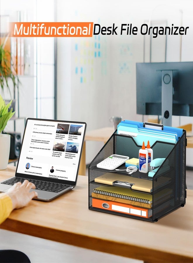 SUPEASY منظم ملفات مكتبي من SUPEASY، منظم صواني ورق شبكي مع 4 صواني للرسائل وحاملين عموديين للملفات، منظمات مكتبية وملحقات للمكتب المنزلي، أسود - Image 3