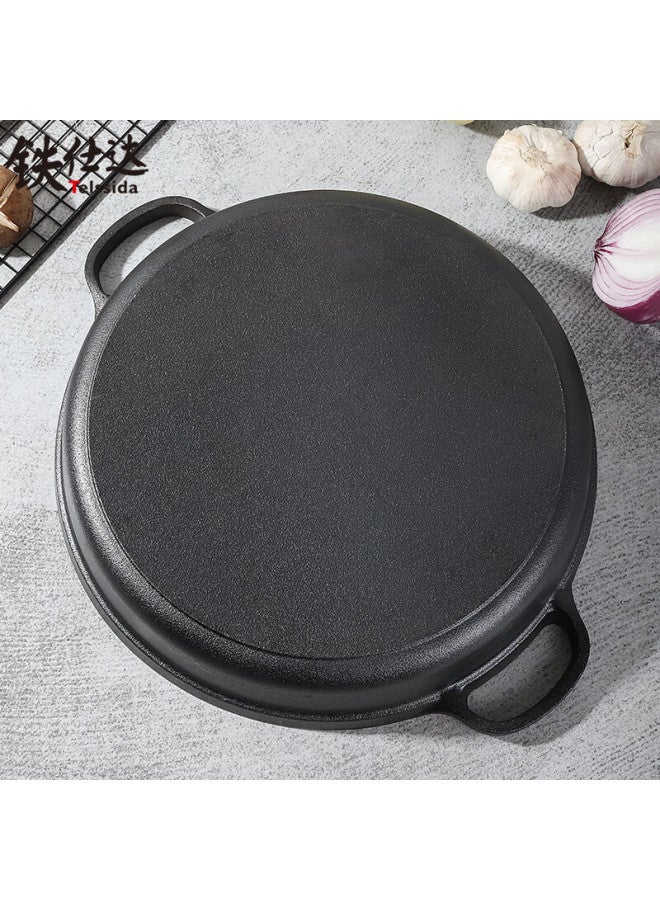 Telssida Double-ear Cast Iron Flat Bottom Pan Thickened Cast Iron Pancake Pan Non-stick Coating-free Frying Pan Water-fried Bun Pan Old-fashioned Pancake Pan - Image 1