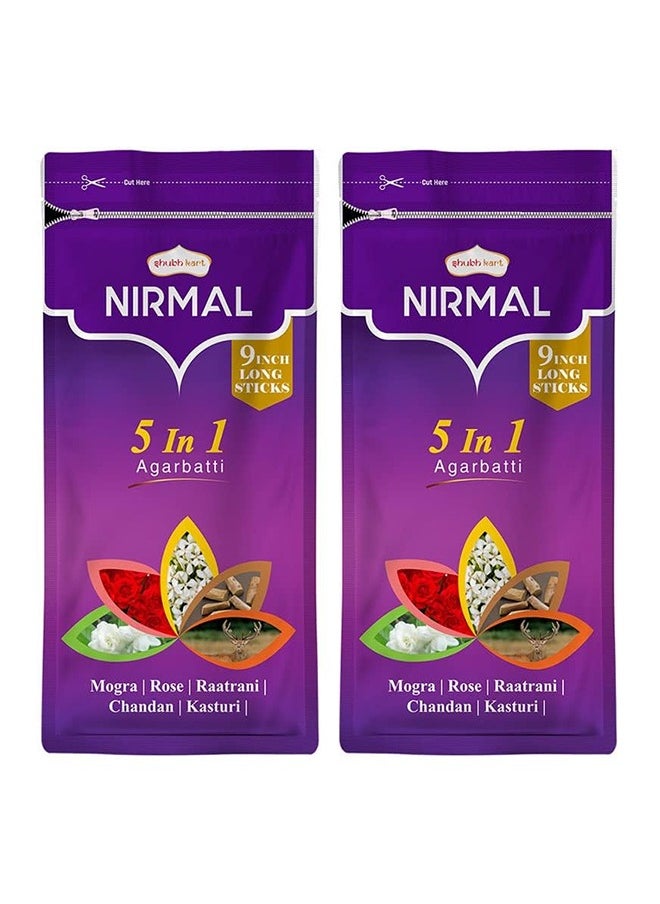Nirmal 5 in 1 Agarbatti Zipper Pack 150grams - 9 Inch Long Sticks (Pack of 2)– 22.86cm Long Sticks (Combo of 2)|Rose, Mogra, Chandan, Kasturi & Raatrani Fragrance| Charcoal Free  - Image 1